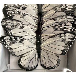 12 Large Feather Monarch Butterflies 5.25" Black & White Party Decor Sealed NIP